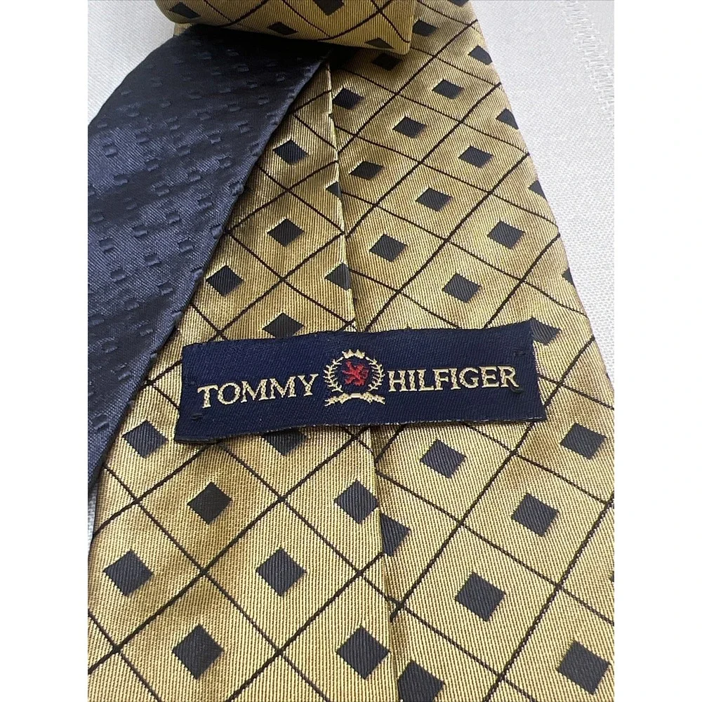 Tommy Hilfiger Men's Tie Gold Silk Black Geometric Check Diamond Vintage 90s Y2K